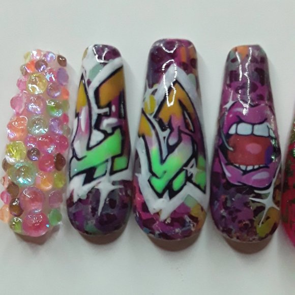 Handmade XL Coffin Press On Nails "Baddie" Theme - Picture 4 of 5